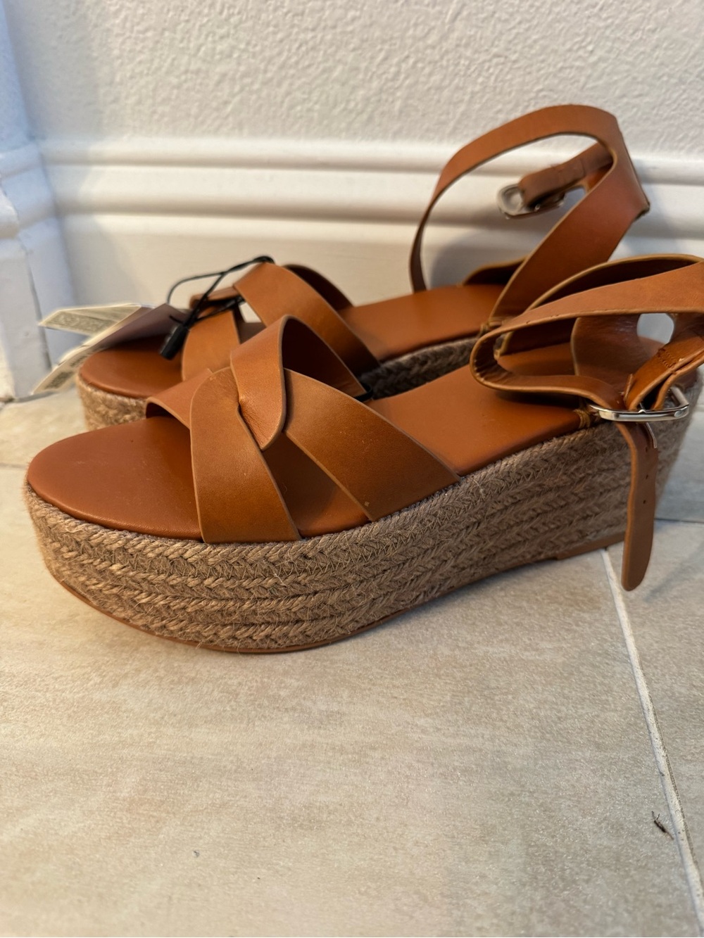Zara Tan Leather Platform Wedge Sandals